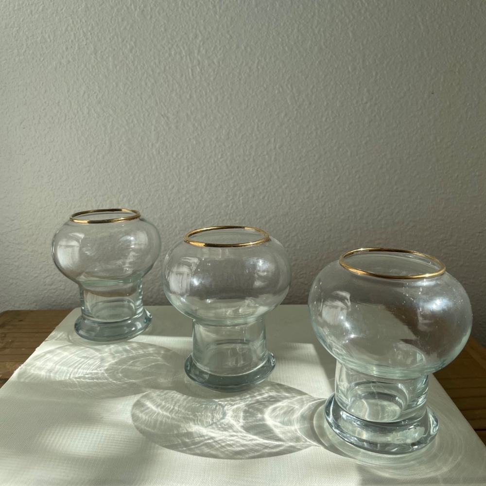 Hand Blown Glass Globe Votive Candle Holders Set 3 Gold Rim Footed Ball Clear